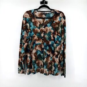 Talbots Cardigan Floral Merino Wool 1X Brown Teal Womens Plus Size Sweater
